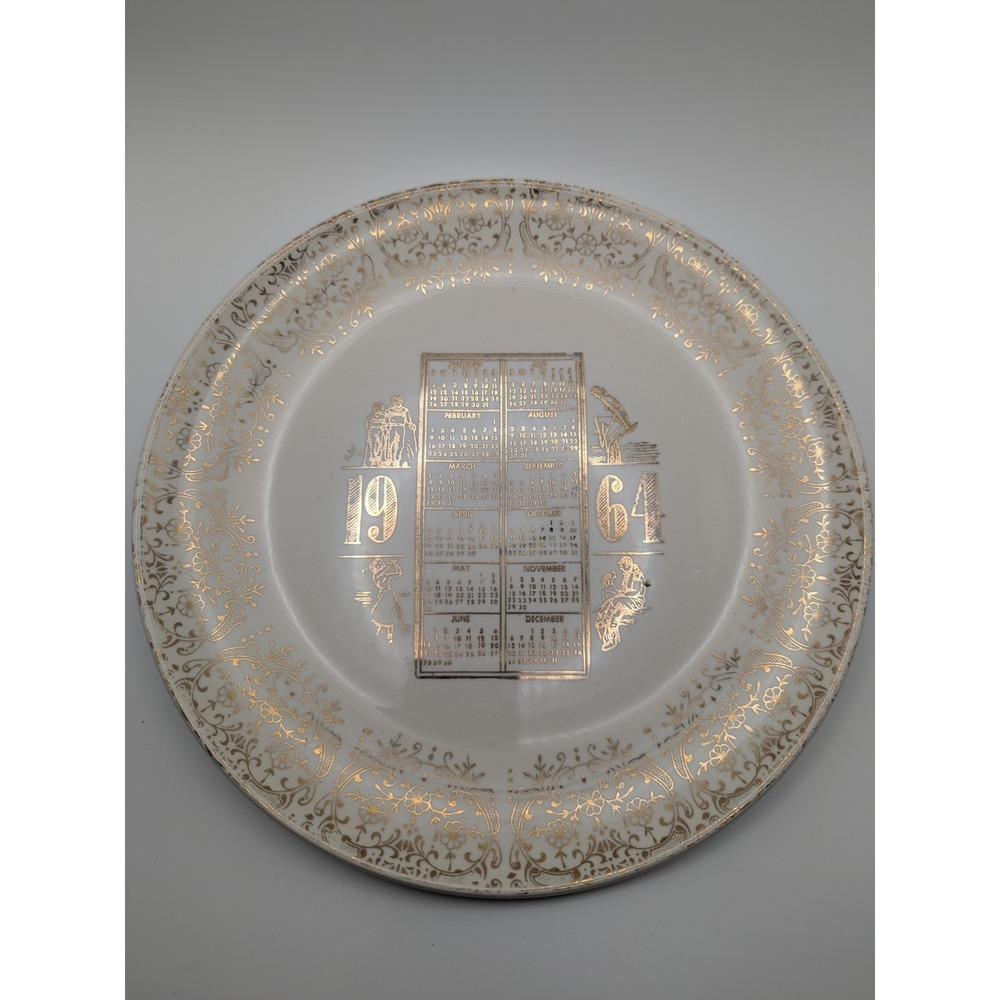Vintage 1964 Calendar‎ Plate Gold Filigree White Ceramic 10 inch MCM Crazing
